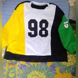 Colorblock Crewneck Sweater with 98 Graphic - Yellow, White, Black & Green